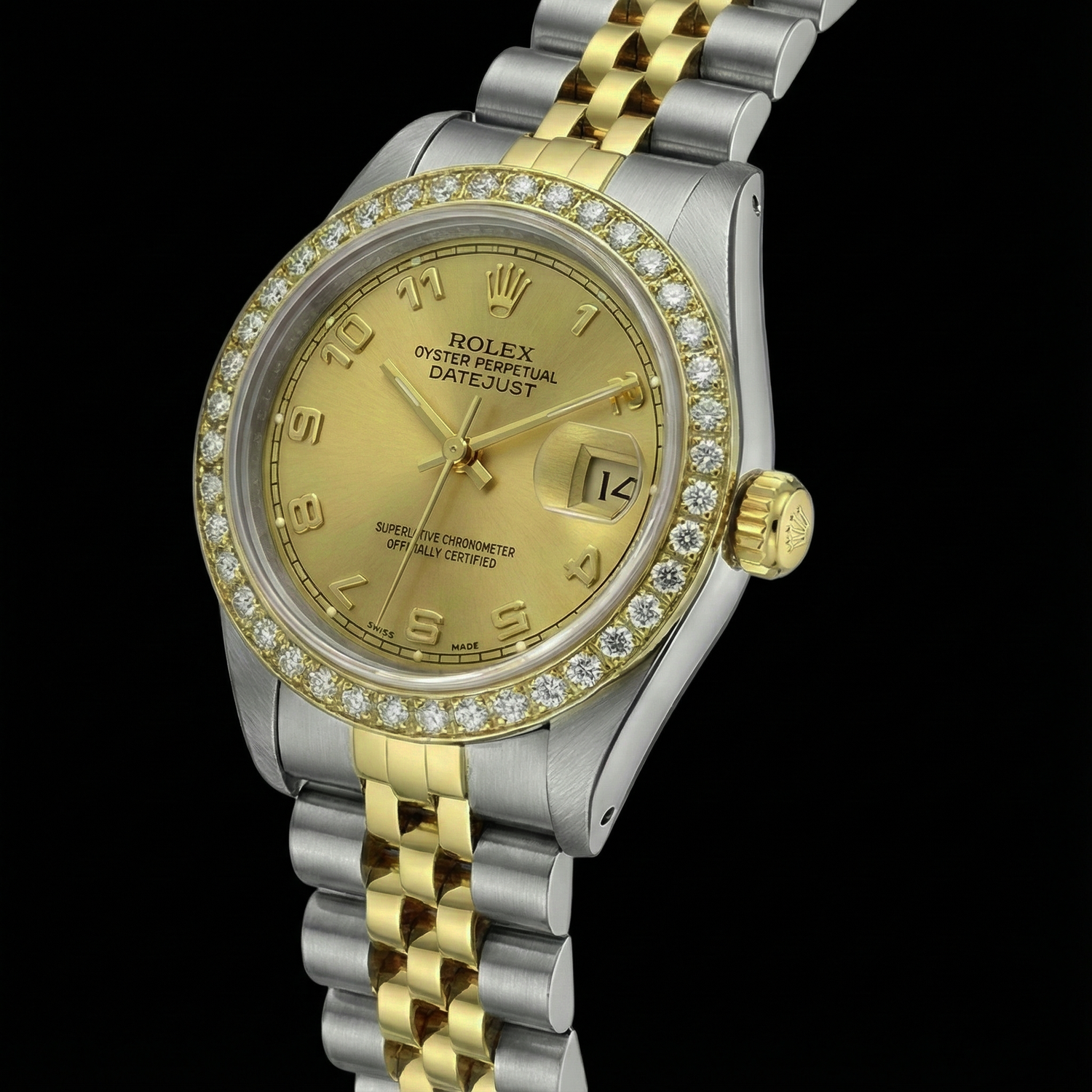Orologio Rolex Datejust con bracciale in acciaio inossidabile e oro arabo champagne