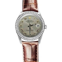 Orologio Rolex Datejust con lunetta in diamanti grigio e cinturino in pelle marrone IMPOSTAZIONE RAPIDA