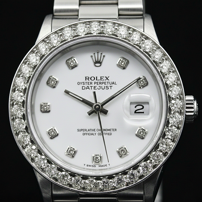 Orologio Rolex Datejust con quadrante bianco personalizzato con diamanti e lunetta grande in acciaio inossidabile