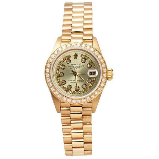 Orologio Rolex Datejust con quadrante in diamanti e stringa champagne