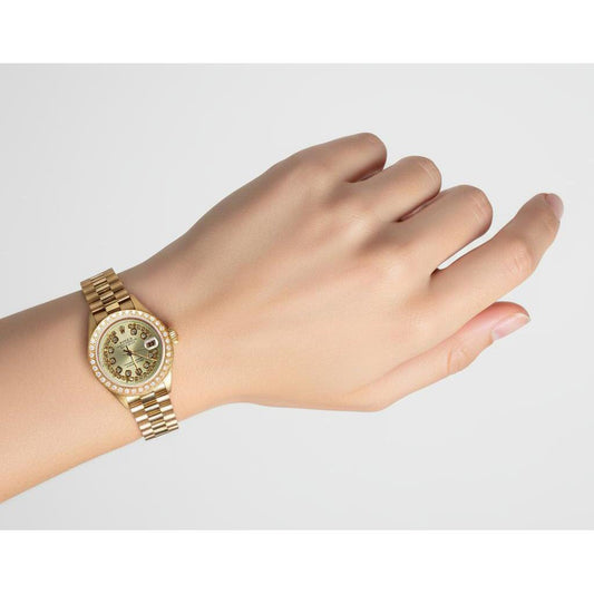 Orologio Rolex Datejust con quadrante in diamanti e stringa champagne, stile presidenziale in oro giallo P1