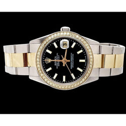 Orologio Rolex Datejust con quadrante nero a bastoncino e lunetta in acciaio inossidabile e oro