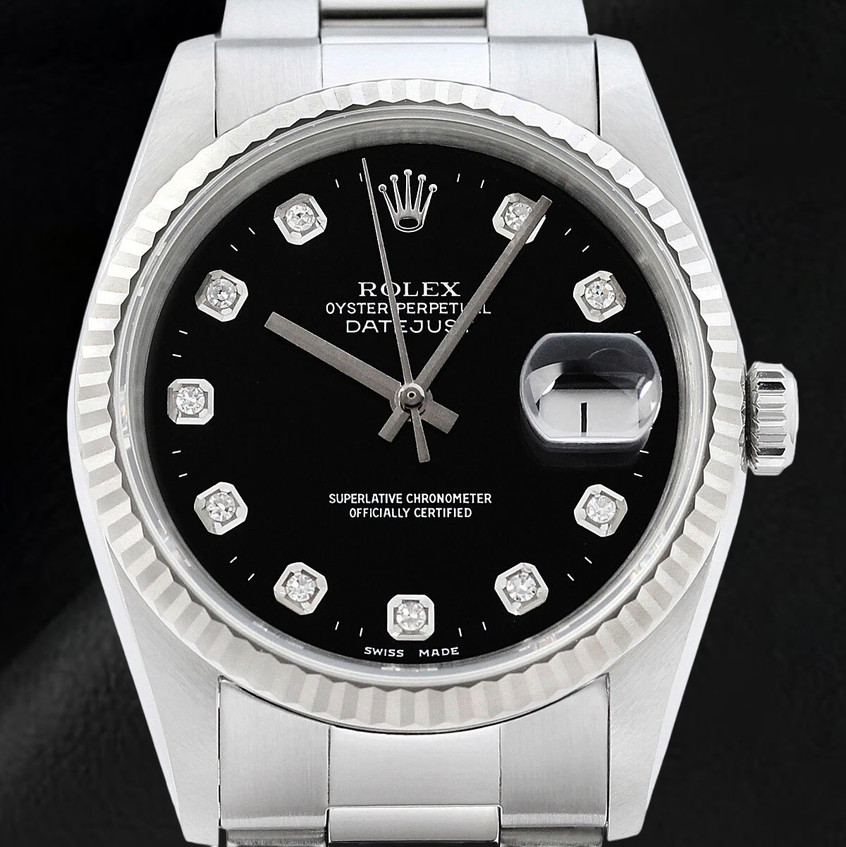 Orologio Rolex Datejust con quadrante nero e diamanti, bracciale Oyster in acciaio inossidabile