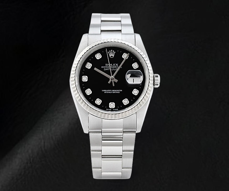 Orologio Rolex Datejust con quadrante nero e diamanti, bracciale Oyster in acciaio inossidabile