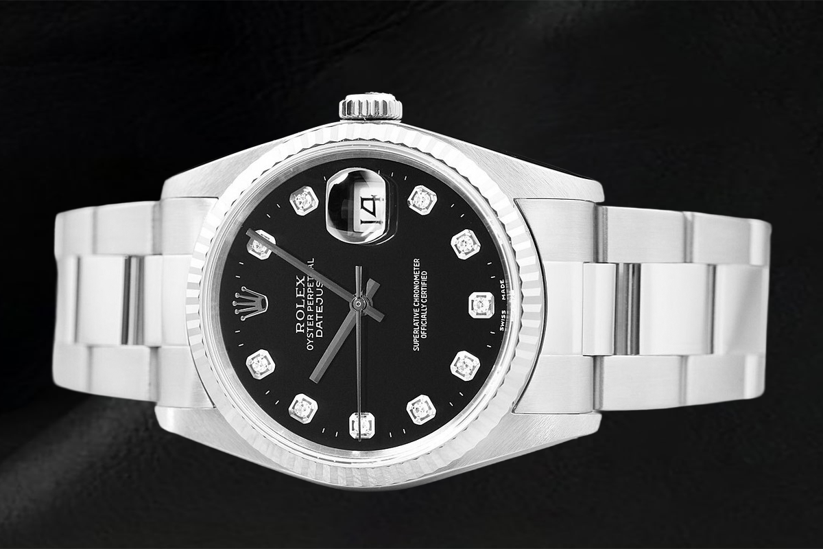 Orologio Rolex Datejust con quadrante nero e diamanti, bracciale Oyster in acciaio inossidabile