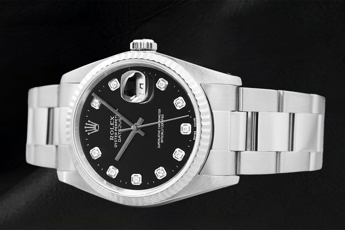 Orologio Rolex Datejust con quadrante nero e diamanti, bracciale Oyster in acciaio inossidabile