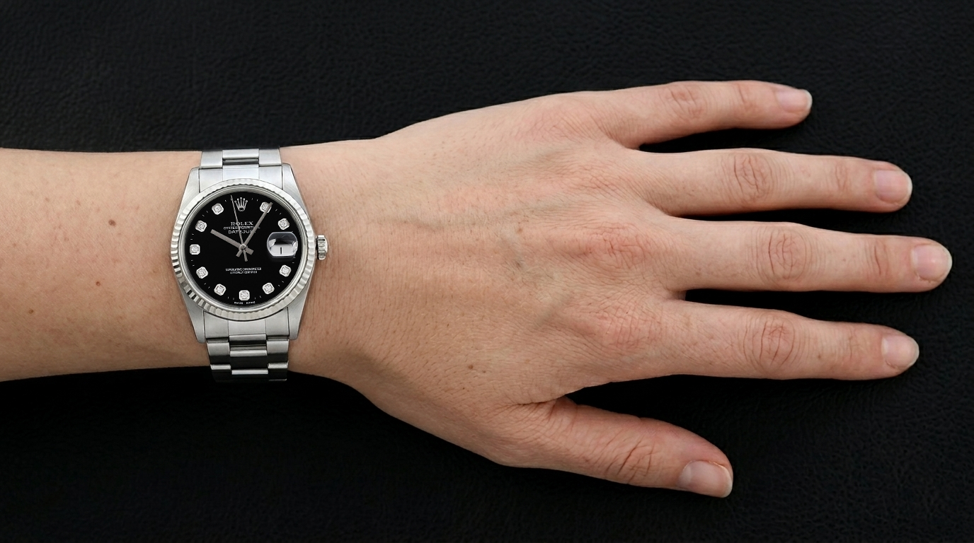 Orologio Rolex Datejust con quadrante nero e diamanti, bracciale Oyster in acciaio inossidabile