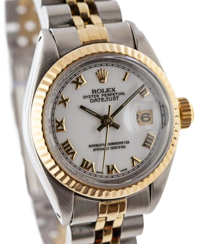 Orologio Rolex Datejust con quadrante romano e lunetta scanalata, orologio acciaio inossidabile e bracciale Jubilee in oro