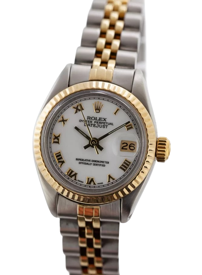 Orologio Rolex Datejust con quadrante romano e lunetta scanalata, orologio acciaio inossidabile e bracciale Jubilee in oro