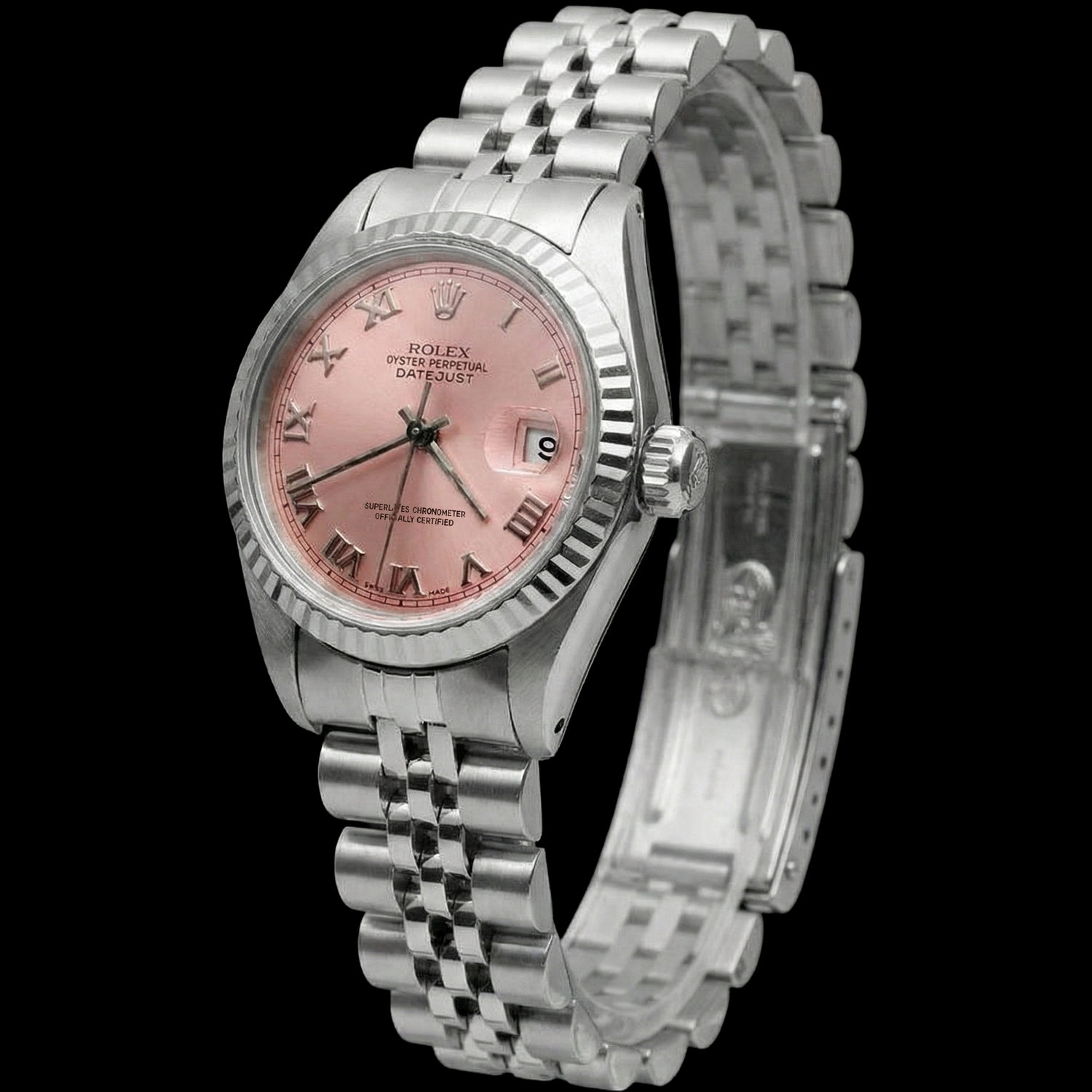 Orologio Rolex Datejust con quadrante romano rosa e bracciale giubileo in acciaio inossidabile
