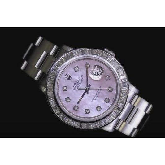 Orologio Rolex Datejust con quadrante rosa personalizzato con diamanti Baguette in acciaio inossidabile 
