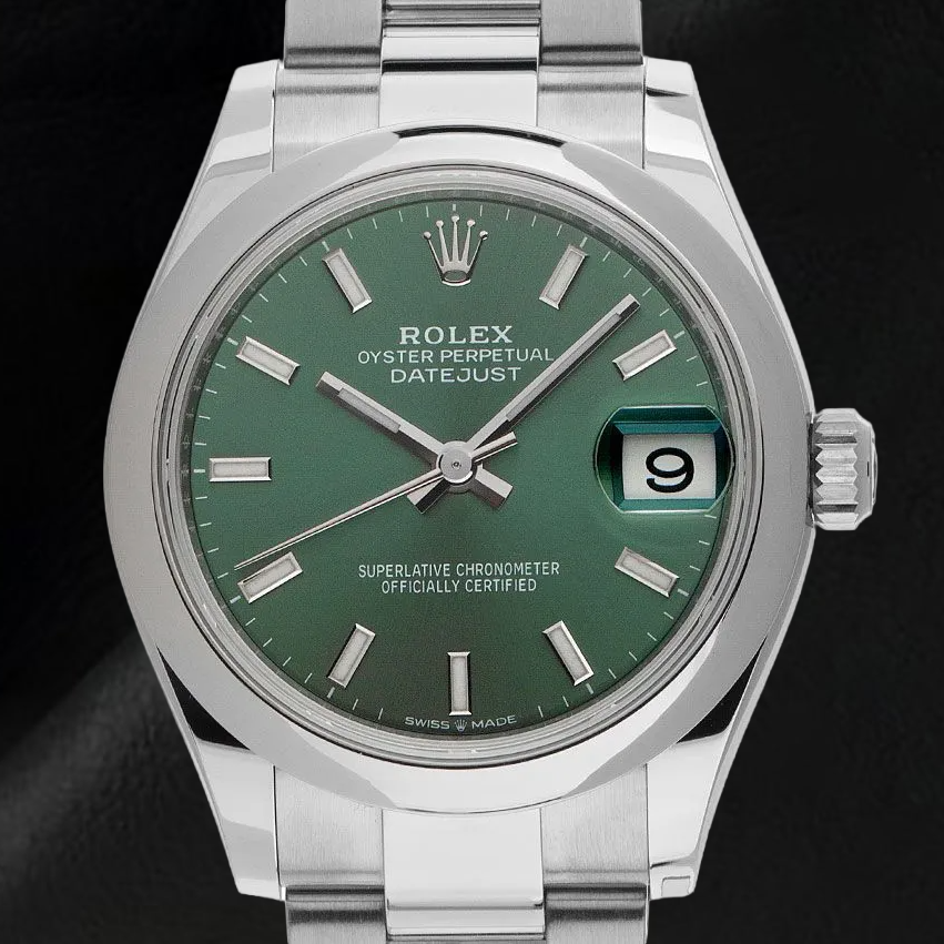 Orologio Rolex Datejust da 31 mm in acciaio inossidabile con quadrante luminoso verde menta