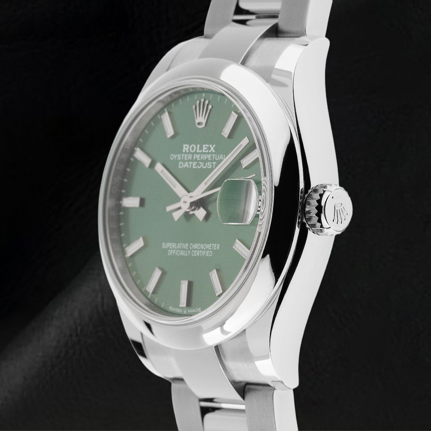 Orologio Rolex Datejust da 31 mm in acciaio inossidabile con quadrante luminoso verde menta