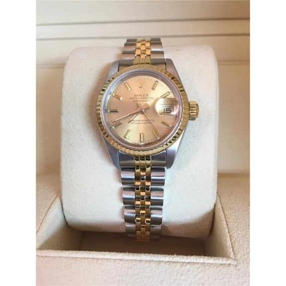 Orologio Rolex Datejust da donna con quadrante a bastoncino e lunetta scanalata bicolore