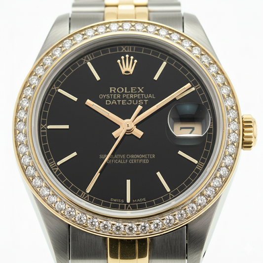 Orologio Rolex Datejust da donna con quadrante nero e giubileo bicolore