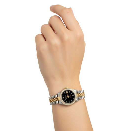 Orologio Rolex Datejust da donna con quadrante nero e giubileo bicolore P2