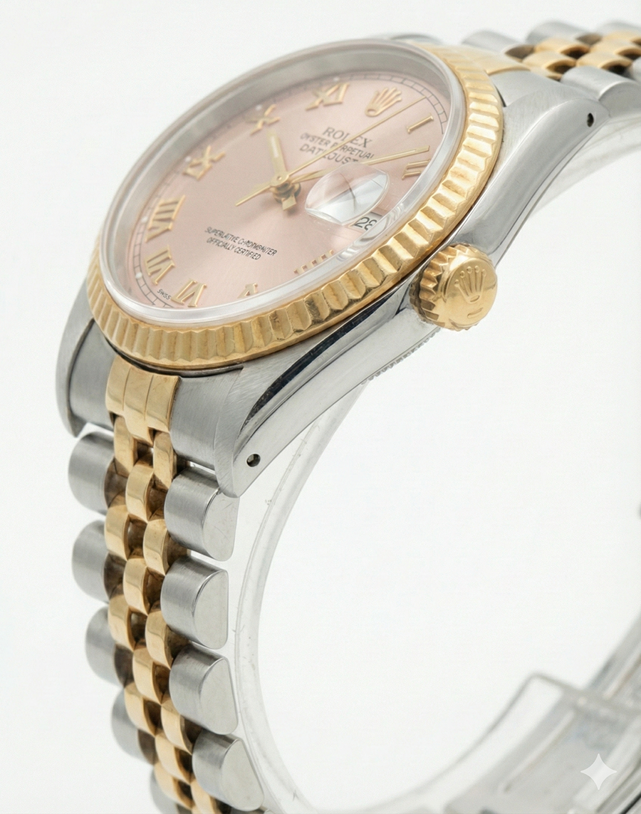 Orologio Rolex Datejust da donna in acciaio inossidabile e bracciale in oro con quadrante rosa con numeri romani