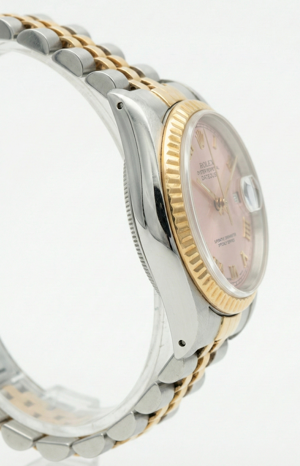 Orologio Rolex Datejust da donna in acciaio inossidabile e bracciale in oro con quadrante rosa con numeri romani