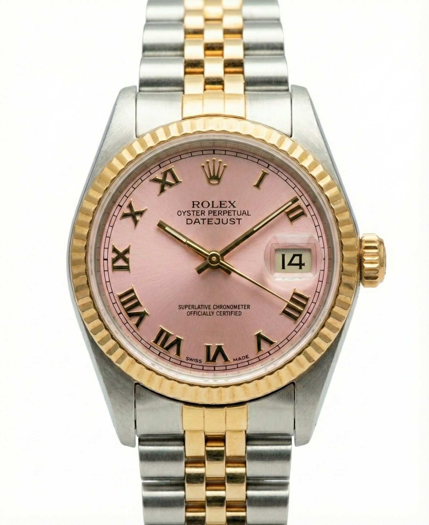Orologio Rolex Datejust da donna in acciaio inossidabile e bracciale in oro con quadrante rosa con numeri romani