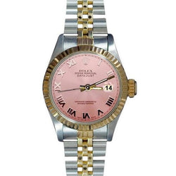 Orologio Rolex Datejust da donna in acciaio inossidabile e bracciale in oro con quadrante rosa con numeri romani