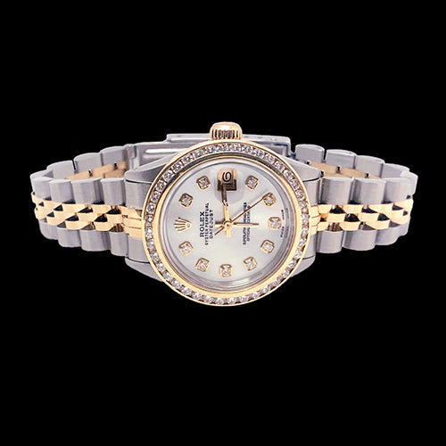 Orologio Rolex Datejust da donna in acciaio inossidabile e oro con quadrante in diamanti e lunetta incastonata