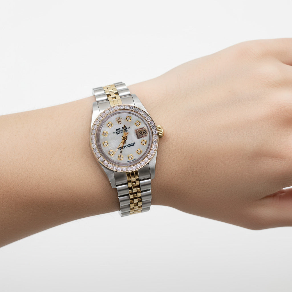 Orologio Rolex Datejust da donna in acciaio inossidabile e oro con quadrante in diamanti e lunetta incastonata P1