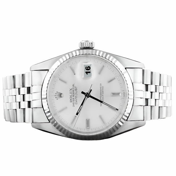 Orologio Rolex Datejust da uomo con quadrante argentato e lunetta scanalata, bracciale in acciaio inossidabile