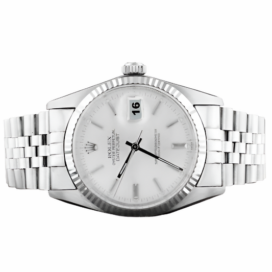 Orologio Rolex Datejust da uomo con quadrante argentato e lunetta scanalata, bracciale in acciaio inossidabile