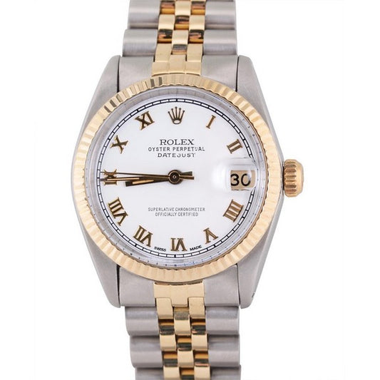 Orologio Rolex Datejust di medie dimensioni con quadrante romano e lunetta scanalata