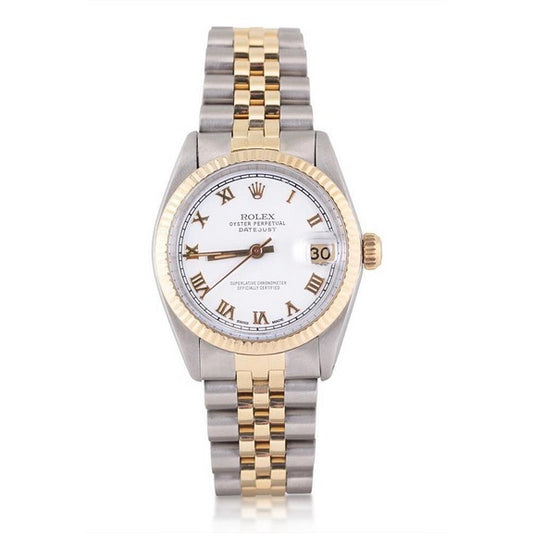 Orologio Rolex Datejust di medie dimensioni con quadrante romano e lunetta scanalata, bicolore
