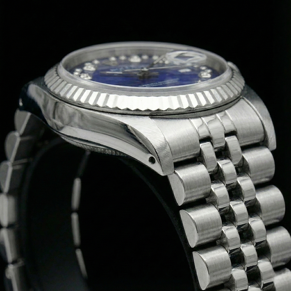 Orologio Rolex Datejust giubileo in acciaio inossidabile con quadrante blu a doppia fila di diamanti