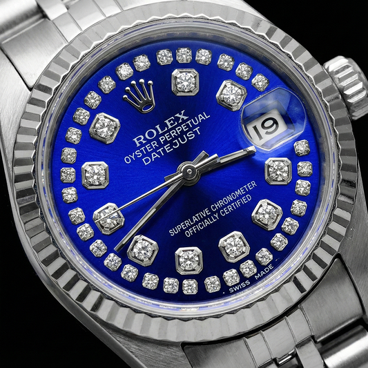 Orologio Rolex Datejust giubileo in acciaio inossidabile con quadrante blu a doppia fila di diamanti