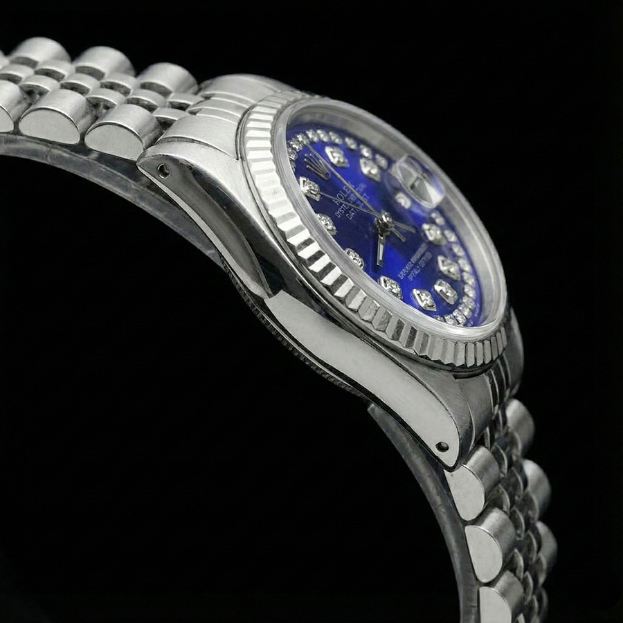 Orologio Rolex Datejust giubileo in acciaio inossidabile con quadrante blu a doppia fila di diamanti