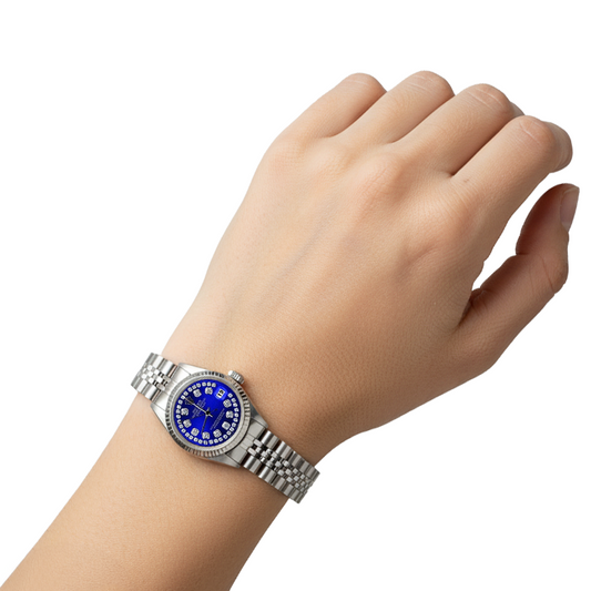 Orologio Rolex Datejust giubileo in acciaio inossidabile con quadrante blu a doppia fila di diamanti P2