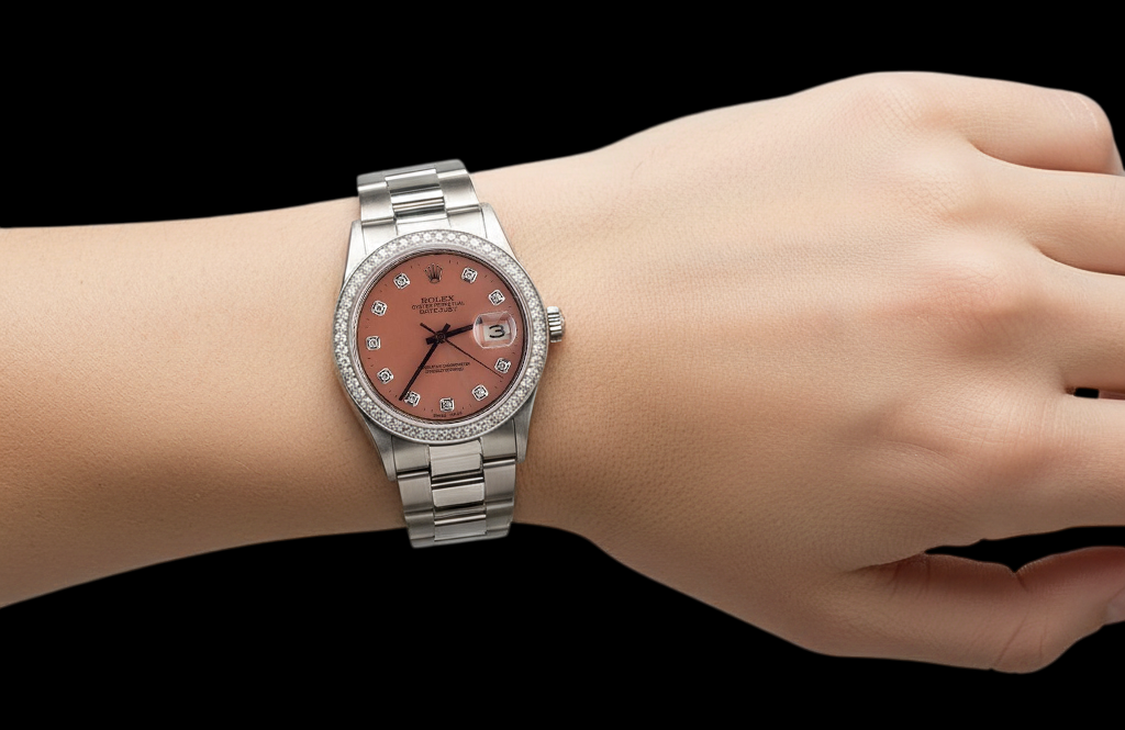 Orologio Rolex Datejust in acciaio inossidabile con cinturino ostrica e quadrante con lunetta di diamanti IMPOSTAZIONE RAPIDA