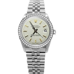 Orologio Rolex Datejust in acciaio inossidabile con lunetta in diamanti e quadrante a bastoncino bianco, con regolazione rapida