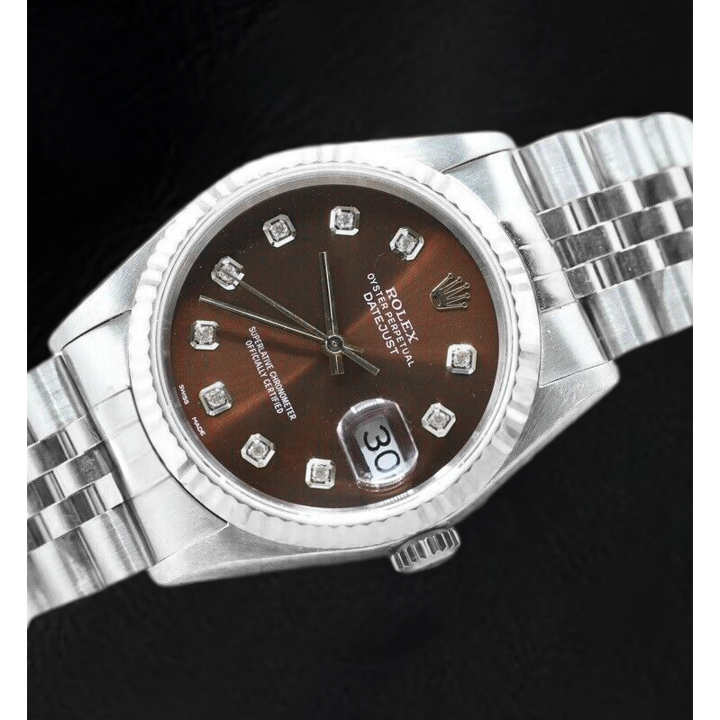 Orologio Rolex Datejust in acciaio inossidabile con quadrante color cioccolato e diamanti