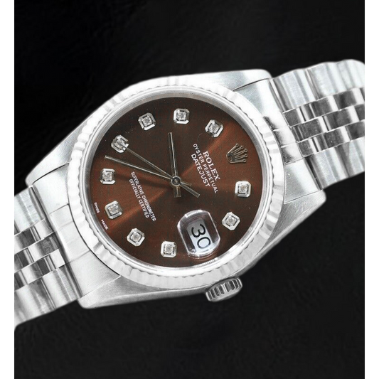 Orologio Rolex Datejust in acciaio inossidabile con quadrante color cioccolato e diamanti