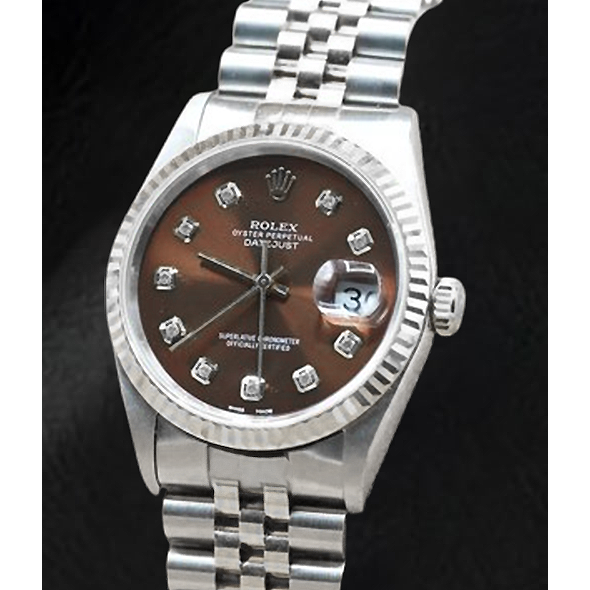 Orologio Rolex Datejust in acciaio inossidabile con quadrante color cioccolato e diamanti
