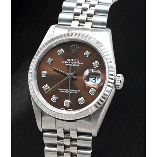 Orologio Rolex Datejust in acciaio inossidabile con quadrante color cioccolato e diamanti
