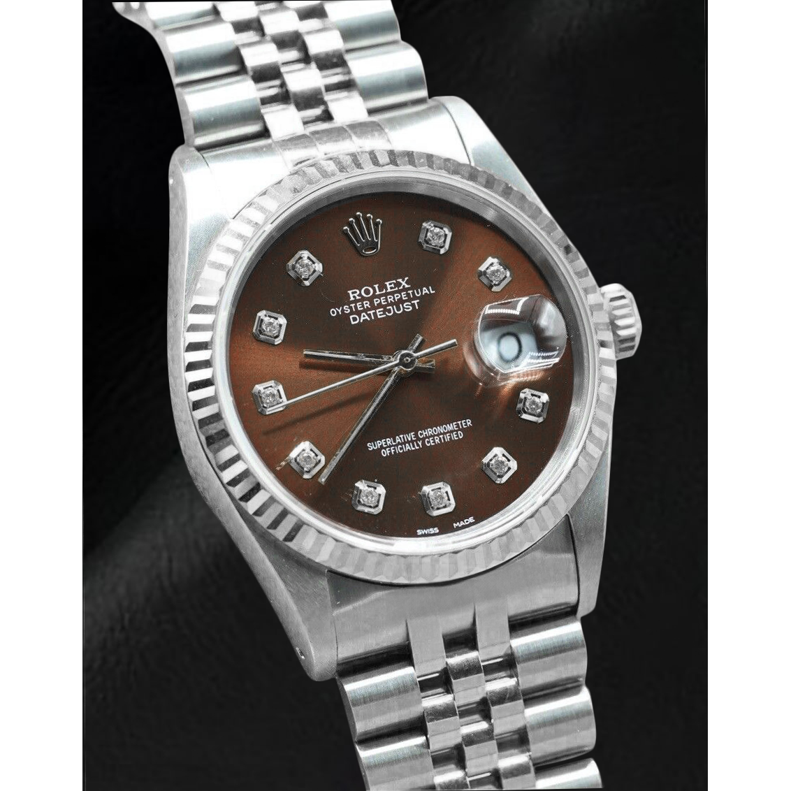 Orologio Rolex Datejust in acciaio inossidabile con quadrante color cioccolato e diamanti
