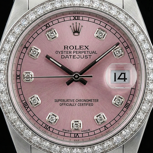 Orologio Rolex Datejust in acciaio inossidabile di medie dimensioni con bracciale Jubilee e quadrante con diamanti rosa e lunetta