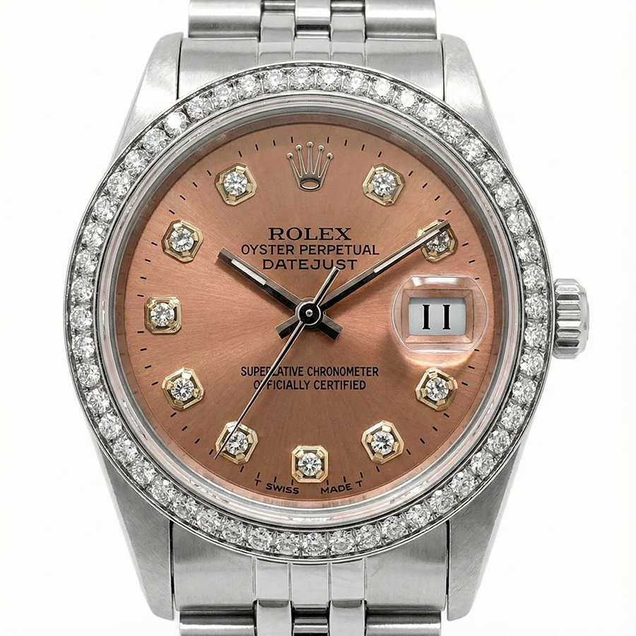 Orologio Rolex Datejust in acciaio inossidabile di medie dimensioni con quadrante color salmone e diamanti