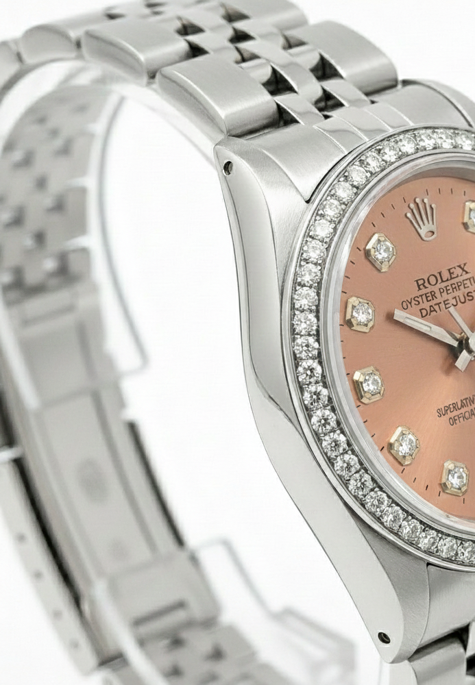 Orologio Rolex Datejust in acciaio inossidabile di medie dimensioni con quadrante color salmone e diamanti