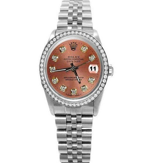 Orologio Rolex Datejust in acciaio inossidabile di medie dimensioni con quadrante color salmone e diamanti