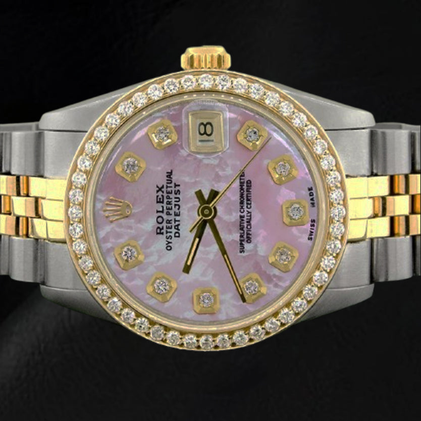 Orologio Rolex Datejust in madreperla rosa con quadrante in diamanti, 31 mm, bicolore