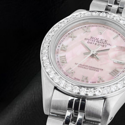 Orologio Rolex Datejust in madreperla rosa con quadrante romano da 26 mm in acciaio inossidabile
