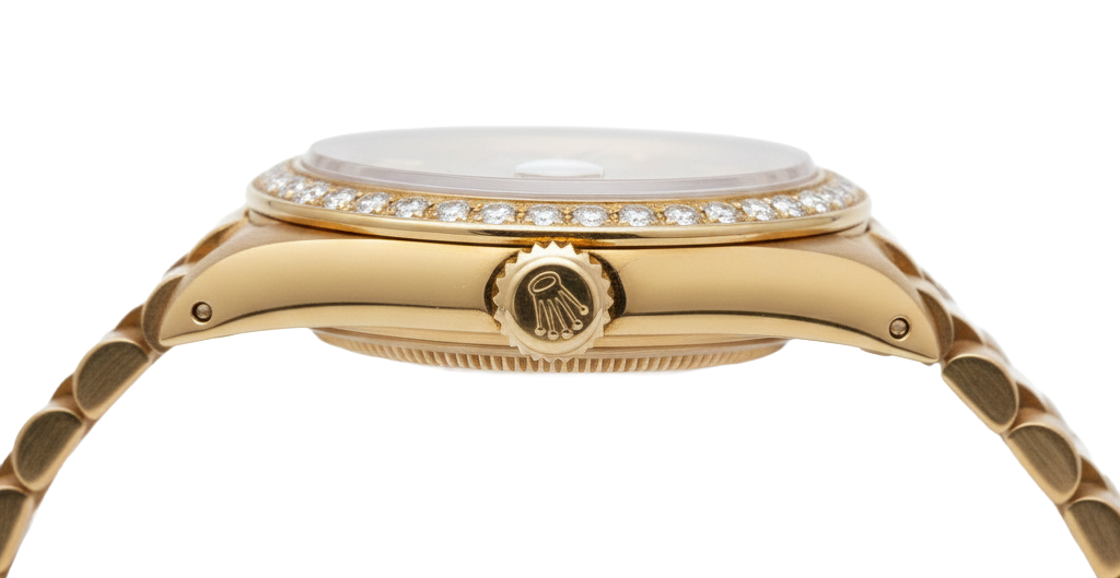 Orologio Rolex Datejust in oro giallo stile presidenziale con quadrante grigio a bastoncino e diamanti