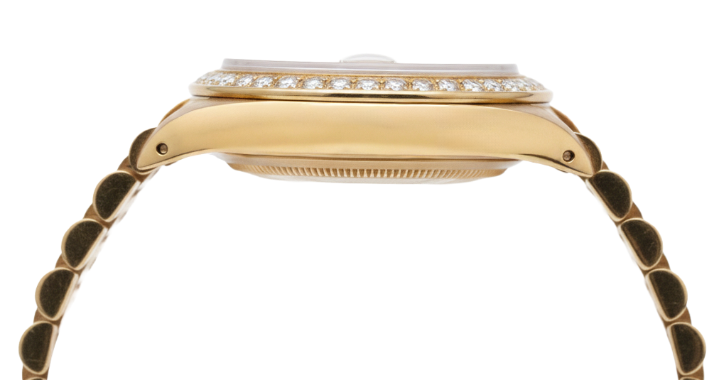 Orologio Rolex Datejust in oro giallo stile presidenziale con quadrante grigio a bastoncino e diamanti