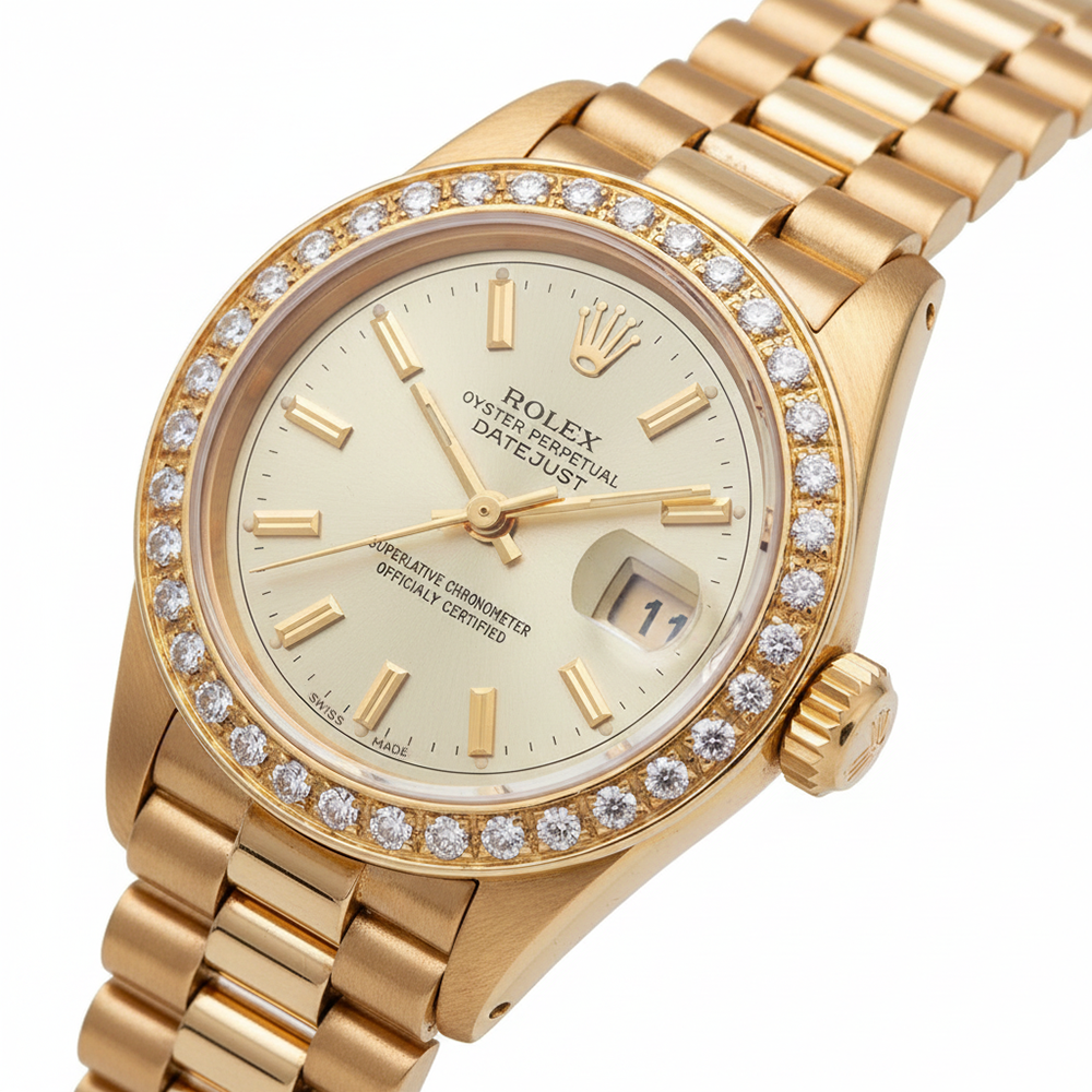 Orologio Rolex Datejust in oro giallo stile presidenziale con quadrante grigio a bastoncino e diamanti